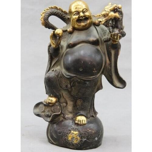 Wholesale factory China Buddhism Bronze copper Lucky Wealth Fu Dragon Maitreya Rohan Buddha Statue AE1024