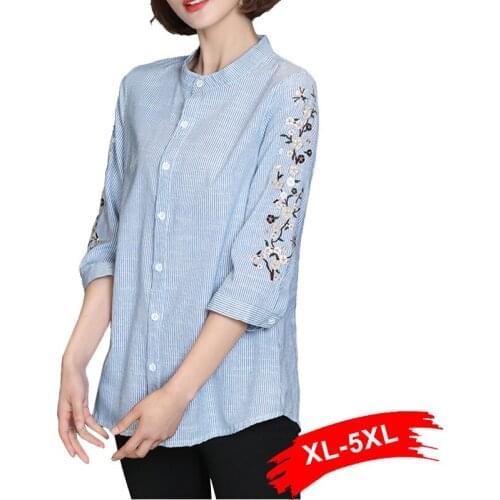 Plus Size Stand Collar Floral Embroidery Shirts Three Quarter Sleeve 5Xl Vintage Striped Cotton Linen Blouses Tops Casual Blusa