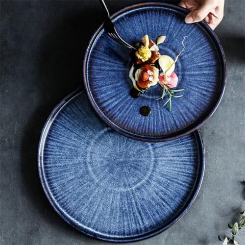 Nordic Ceramic Blue Glaze Color Dinner Plate Kitchen Tableware Household Kiln Change Steak Breakfast Plate Cake Dessert Dish
