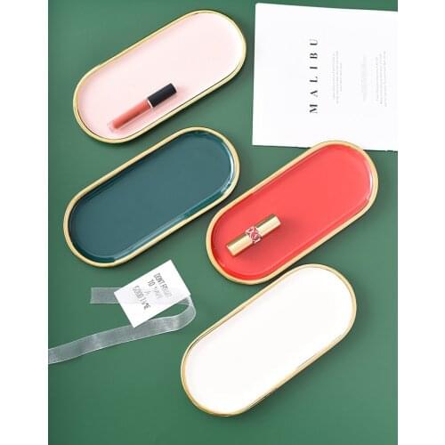Nordic Oval Ceramic Gold Inlay Cosmetics Jewelry Storage Tray Cake Candy Nut Dessert Dishes Home Decoration Plate Dinner Plates