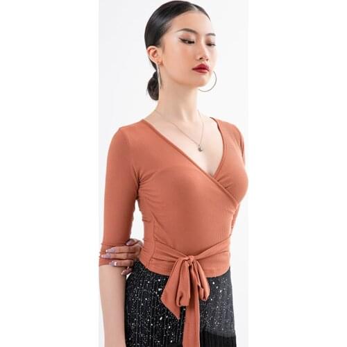 New Women Latin Dance Clothes Sexy V-Neck Lace-Up Tops Adult Samba Rumba Cha Cha Dancing Shirt Summer Latin Practice Top BL5758