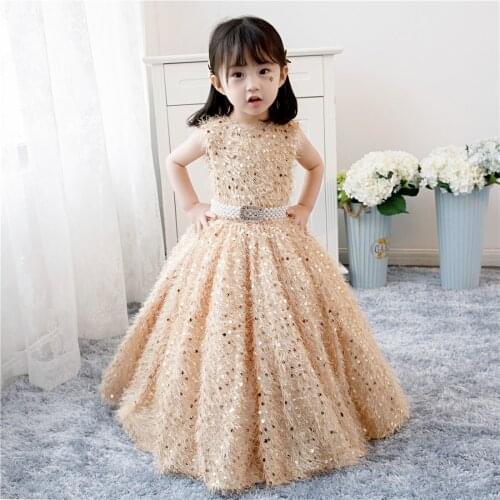 Sequin Tulle Flower Girl Wedding Dresses Long Style Party Princess Pageant Birthday Baptism Ball Gowns Kids First Communion Gown