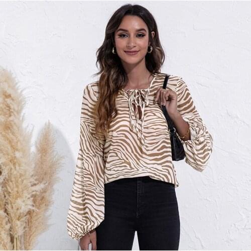 2021 Spring and Autumn New Products Zebra Stripe V-neck Ladies Blouse Bandage Printed Puff Sleeve Shirt Chic Retro Elegant