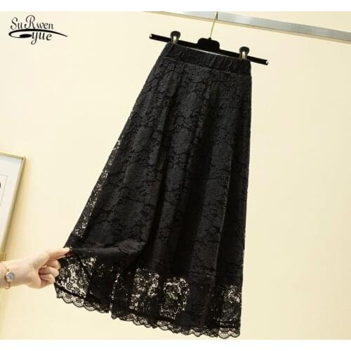 Plus Size 2021 Summer Skirts Women Loose High Waist Long Skirt Sexy Solid Black A- Line Midi Skirt Lace Chic Women Skirts 9833