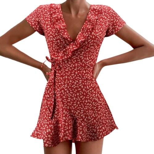 Women Dresses Summer 2021 Sexy V Neck Floral Print Boho Beach Dress Ruffle Short Sleeve A Line Mini Dress Wrap Sundress Robe
