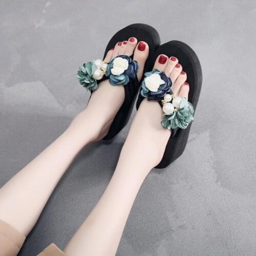 Hot Sale Womens Summer Outdoor Slippers Fashion High Heel Thick Soles Non-Slip Flip-Flops Handmade Camellia Wedge Beach Shoes