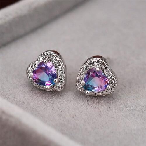 Female Cute Blue Purple Heart Stone Earrings For Women Wedding Jewelry Vintage Fashion Rainbow Zircon Silver Color Stud Earrings
