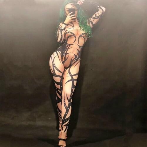 Women Sexy Stage Fake Nude Jumpsuit 3D Printed Black Totem Bodysuit Nightclub Party Celebrate Dancer Singer Stage Wear Costumes