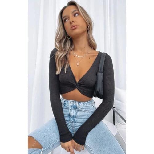 Gaono 2021 Fashion Women’s Summer Long-sleeved Crop Top Tie Up Deep V Neck T-shirt Skinny Sexy Ladies New Tees Shirts