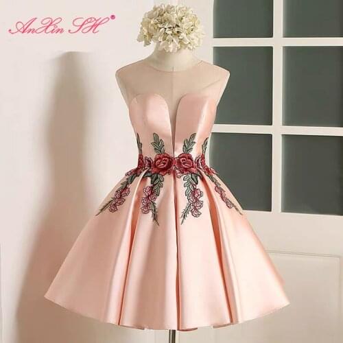 AnXin SH pink flower evening dress new Simple flower pink lace Short evening Dresses Sexy Bride Party flower evening dress