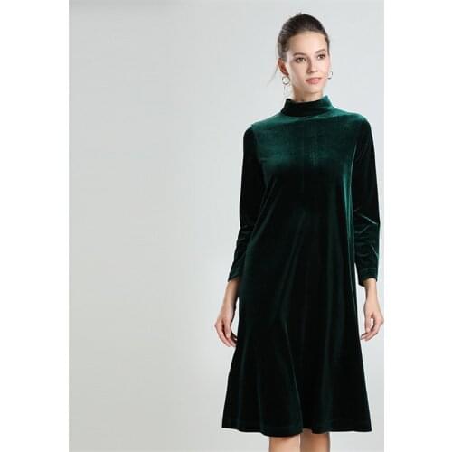 Women Solid Velvet Vintage Loose Dress Full Sleeve Half Turtleneck Slim Dress Ladies Casual Midi Dress Plus Size M-7XL 8XL