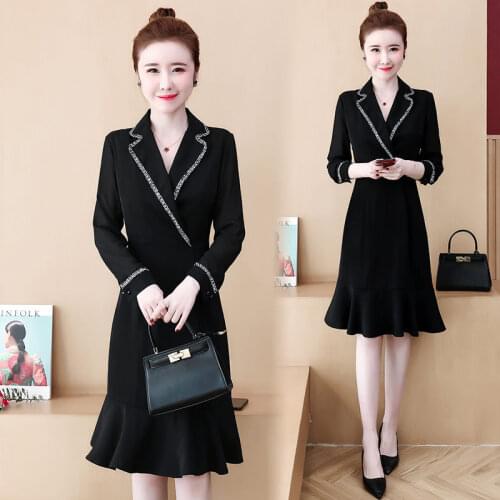 Large Size Womens Midi Slim Temperament Fishtail Dress Female 2020 Spring New Suit Collar Long Sleeve Office Lady Dresses K090