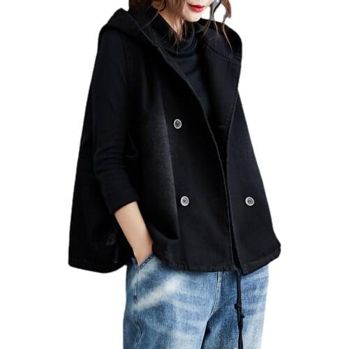 2021New Womens Loose Plus Size Denim Vest Literary All-Match Black Hooded Jacket Female Vintage High Street Waistcoat Chalecos