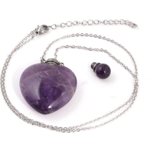100-Unique 1 Pcs Stainless Steel Perfume Bottle Love Heart Pendant Can Open Necklace Natural Amethysts Jewelry