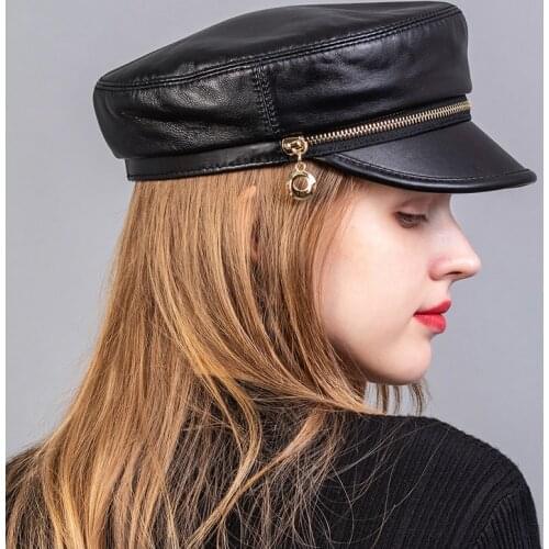 Real Leather Baseball Caps Female Korean British Winter Unisex Flat Navy Caps Women Men Golden Zipper Pearl Casual Hip Pop Hat