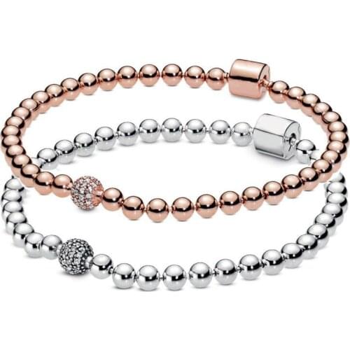 100% 925 Sterling Silver Rose Gold Barrel Clasp Beads & Pave Crystal Sliding Bracelet Fit Fashion Bead Charm Trendy DIY Jewelry