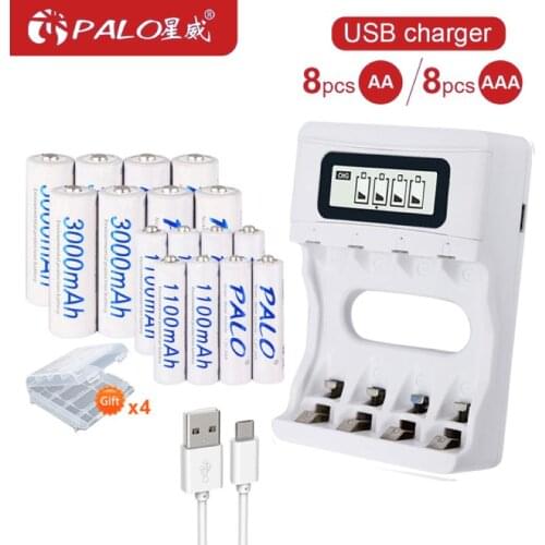 PALO 8pcs rechargeable AA Battery+8pcs 1.2V AAA Battery+USB Smart AA AAA battery charger for 1.2V AA AAA Rechargeable Batteria