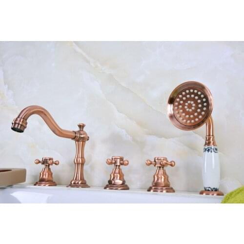 Antique Red Copper Brass Deck 5 Holes Bathtub Mixer Faucet Handheld Shower Widespread Bathroom Faucet Set Basin Water Tap atf221