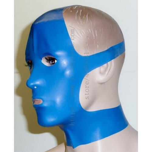 Adults blue Fetish latex catsuit hood(open eyes & nostrils & mouth) what is made of 0.4mm thickness natural latex materials