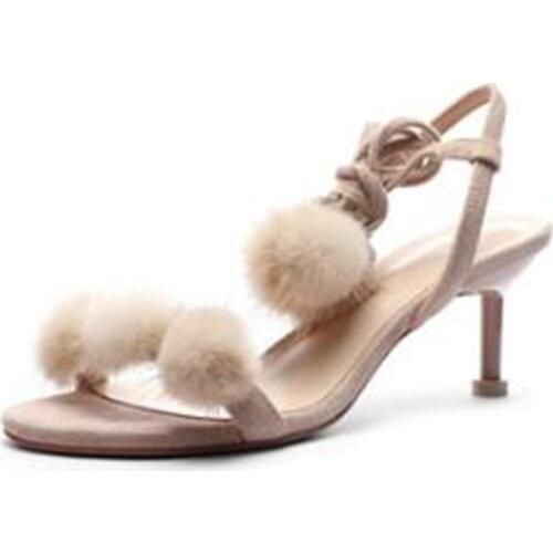 Women Sandals High Heels Summer Brand Woman Pumps Lace Up Round Toe Flock 6.5CM Thin High Heels women shoes size 35-42 black