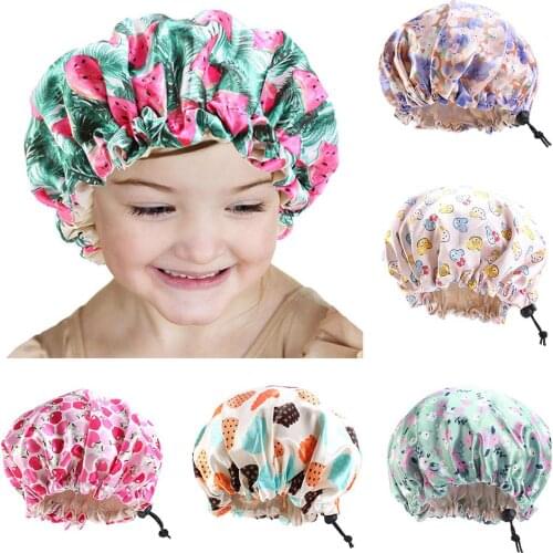 Floral Animal 2-Layer Adjustable Baby Satin Night Sleep Shower Hat Hair Care Cap Stop The Flying Spit for Summer