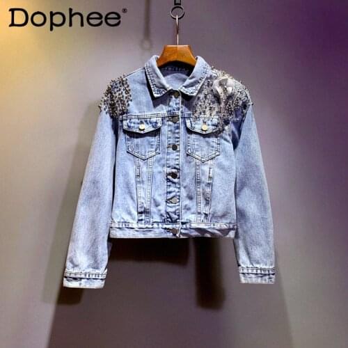 European Station Spring Autumn New Slim-Fit Short Jean Jacket Women Denim Jackets Loose Exquisite Flowers Beaded Coats Clothes