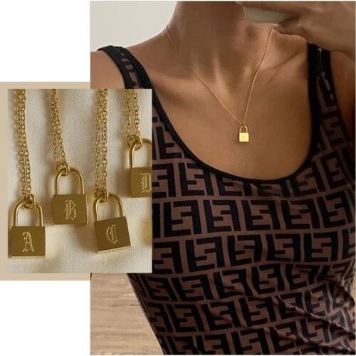 Personalize Inital Alphabet PadLock Pendant Necklace for Women, Chic Stainless Steel Choker Collar Jewelry, Custom Gifts for Her