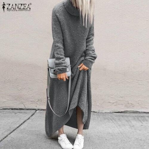 ZANZEA Fashion Autumn Turtleneck Long Sleeve Plush Fluffy Long Dress Women Sweatshirt Sundress Solid Loose Vestidos Robe Femme
