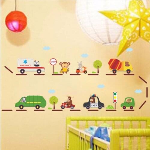 Cartoon Ambulance Fire Fight Truck Bus Drum Mixer High Way Traffic Light Tree Wall Stickers Kids Room Nursery Wall Decor Graphic
