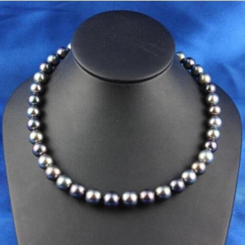 Gorgeous 10-11mm Tahitian round black green necklace 18inch 925 silver