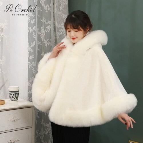 PEORCHID 2020 Winter Faux Fur Bridal Cloak Bolero Ivory Women Evening Jacket 100% Real Pictures Brides Wrap Shawl Wedding Cape