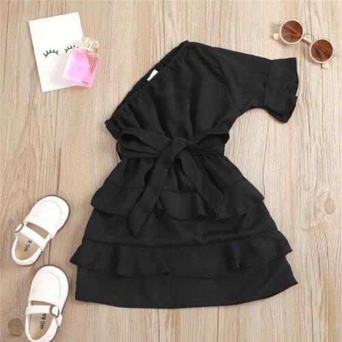 Baby Girls Dresses Summer Childrens Solid Color Oblique Shoulder Waist Bow Stitching Multi-layer Cake Dress for Princess