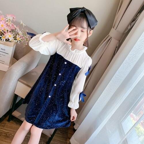 Girls Long Sleeve Princess Dresses 2021 New Korean Kids Spring & Autumn Bow Chiffon Velvet Dress Foreign Style For 3-14Y P426