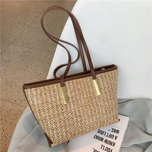 Weave Straw Rattan Shoulder Bags for Women 2021 Summer Fashion Trends Purses and Handbags Small Brand Beach Shopper Tote khaki