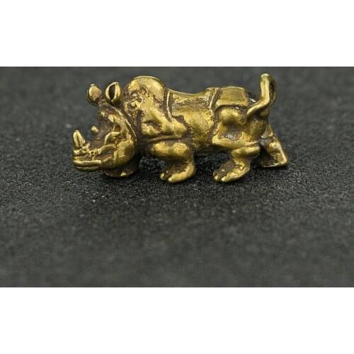 Portable Vintage Brass Mini Cute Rhinoceros Statue Keychain Ornament Home Office School Desk Decoration Ornament Hand Toy Gift