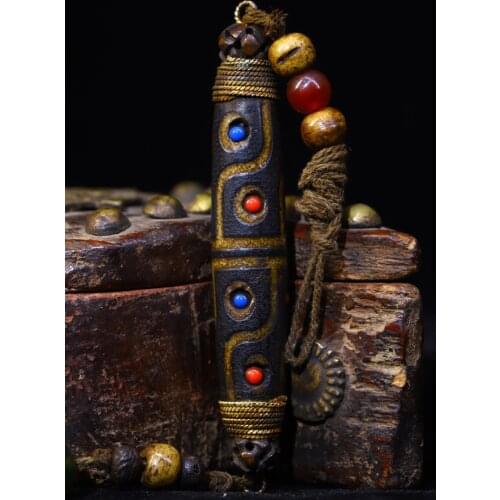 Tibet Buddhism Old Natural agate Filigree Gilt mosaic gem Nine eyes Dzi Bead Pendant Town House Exorcism Ward off evil spirits
