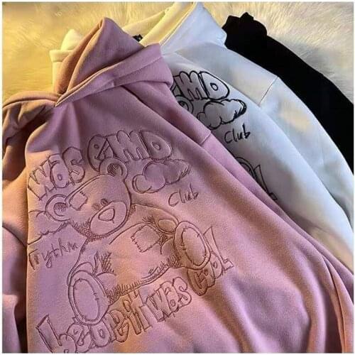 Harajuku Hoodies 2021 Kawaii Clothes Autumn Winter New Hooded Sweatshirts For Girls Cute Bear Embroidery Pull Femme Fleece Coat