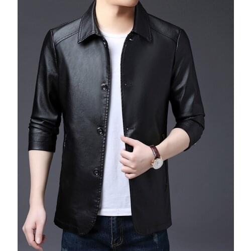 Autumn and winter new windbreaker mens lapel faux leather leather jacket father slim leather jacket coat button