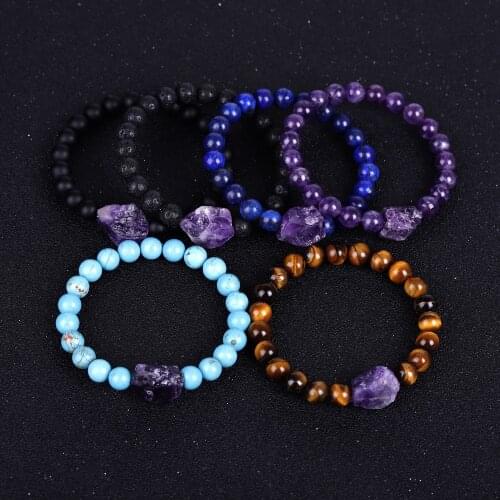 Retro Vintage Reiki Healing Beaded Strand Bracelets Energy Black Lava Stone Raw Mineral Quartz Charm Natural Amethysts Bracelets
