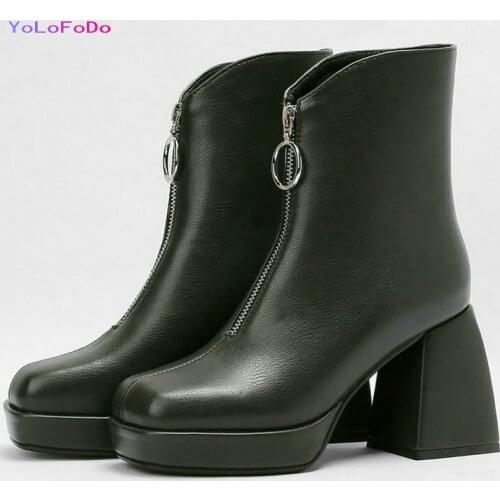 Black Beige Green Camel Faux Leather Women Ankle Boots Platform Square High Heel Ladies High Quality Boots Autumn Winter Shoes