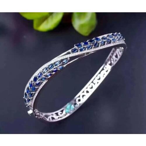 Natural blue sapphire Bangles Natural gemstone Luxury cross wheat Bangles S925 silver bracelet women anniversary gift jewelry