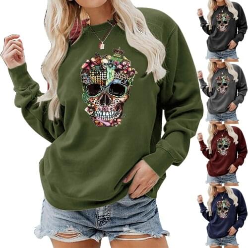 Womens Long Sleeve Skull Print Sweatshirt Multicolor Simple Comfy Sport Knitted O-neck Cartoon Pullover Tops Females Clothing