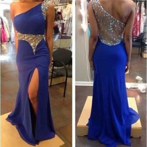 Elegant One Shoulder Long Beaded Prom Dresses with Slit Robe De Soiree Floor Length Royal Blue Formal Party Gown for Women