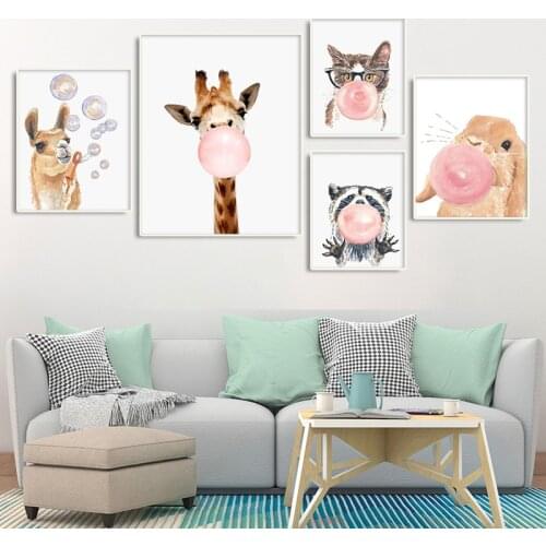 Chewing Gum Giraffe Koala Rabbit Poster Nursery Wall Art Animal Print Canvas Painting Pictures for Baby Kids Room Decoration