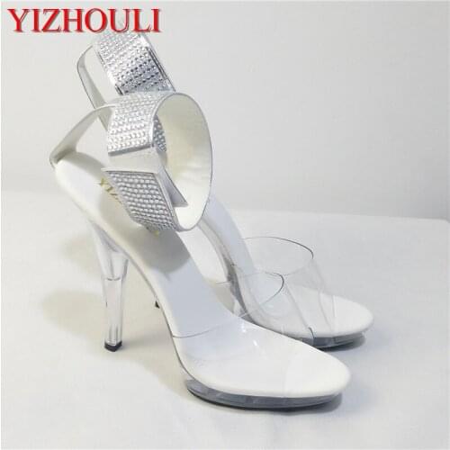 2018 womens shoes 5 inch rhinestone wedding shoes transparent crystal high heels 13cm stiletto pole dance sandals