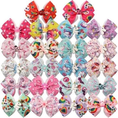 22pcs/lot Mini Magical Unicorn Hairpins Grosgrain Ribbon Bows With Clips Girls' Crown Barrettes Floral Hairgrip