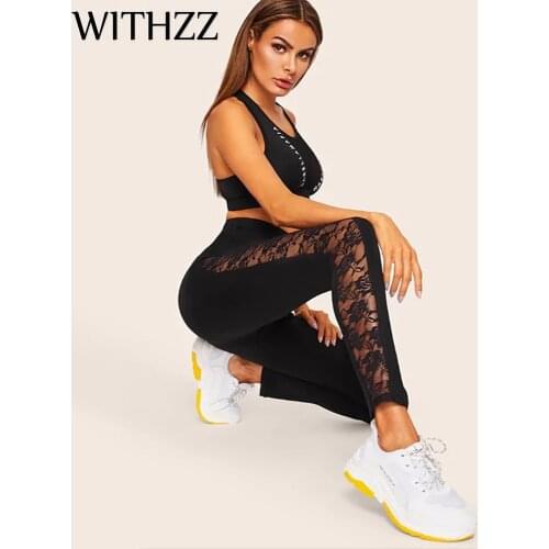 WITHZZ Womans Sexy Hollow Lace Stitching Leggings Women Leggins Elbows for Fitness Legins Push Up Workout Tayt Sportleggings