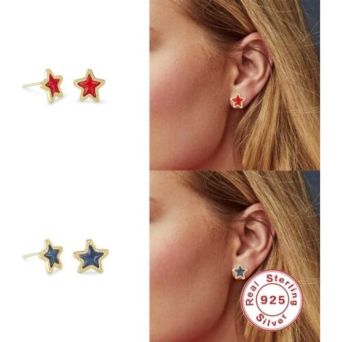 BOAKO 925 Sterling Silver Tiny Geometry Enamel Star Stud Earrings for Women Girls Mini Green Red Blue Pentagram Ear Stud Jewelry