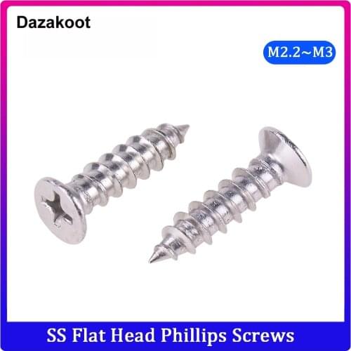 Dazakoot 50Pcs m2.2 m2.6 m3 Stainless Steel 304 Cross Recessed Flat Head Screws Phillips Self-tapping Wood Screws