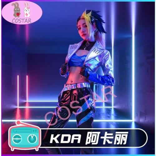 Game LOL cos Akali All Out KDA series Laser Singing uniform cosplay costume full set E